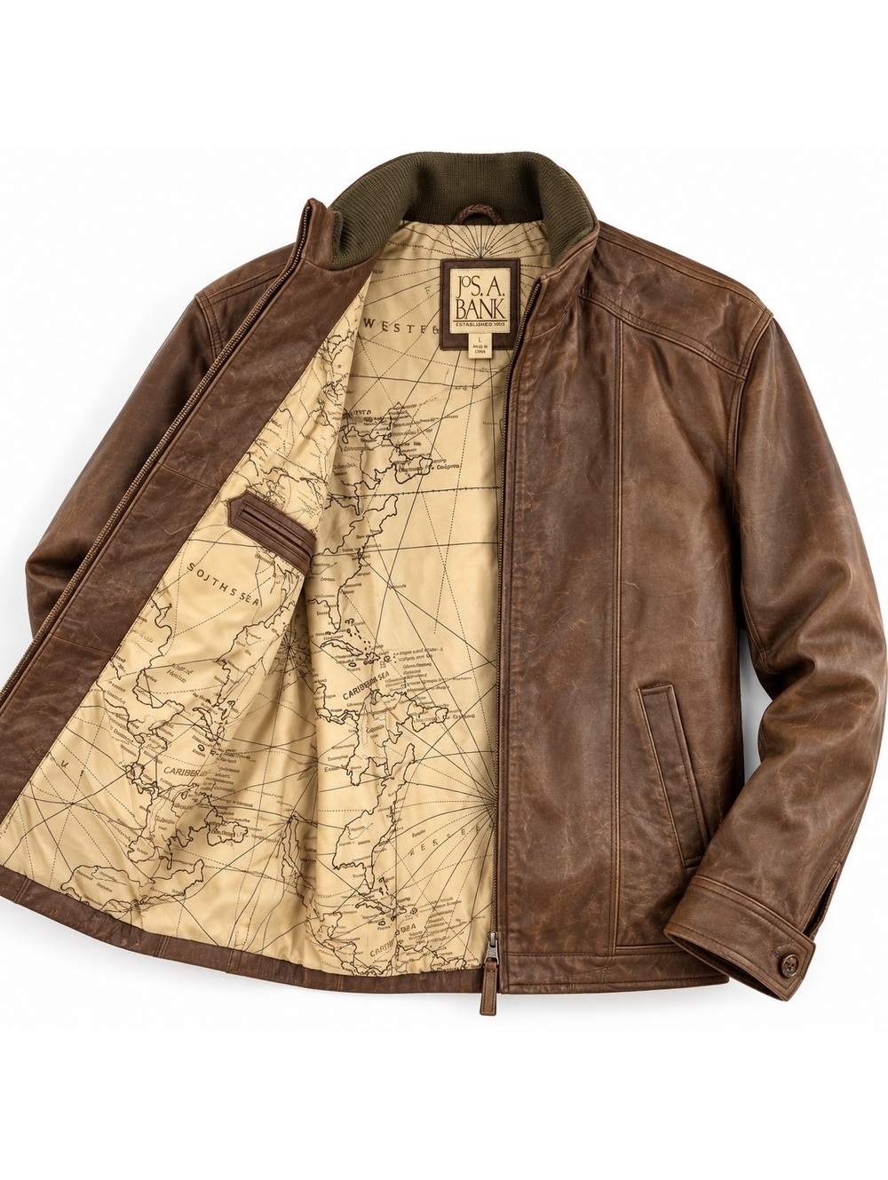 JOS A BANK Menโs L Brown Genuine Leather Jacket Distressed Moto Cafe Racer Coat